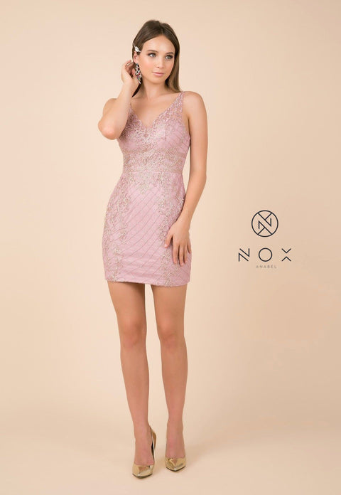 Short Embellished Sleeveless V-Neck Dress by Nox Anabel A673