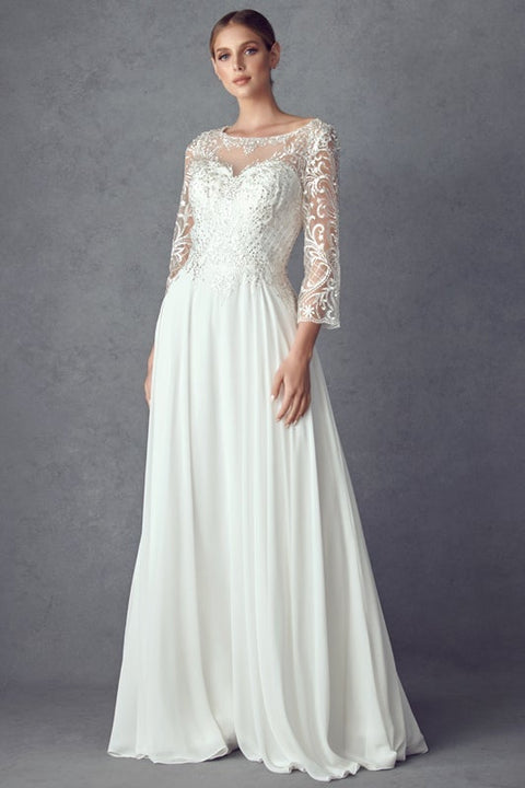 Juliet M11-W 3/4 Sleeve Embroidered Off-White Chiffon A-Line Gown