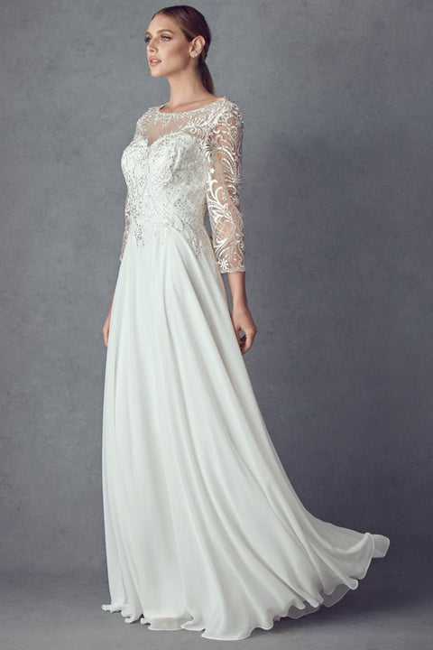 Juliet M11-W 3/4 Sleeve Embroidered Off-White Chiffon A-Line Gown
