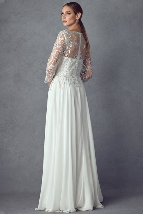 Juliet M11-W 3/4 Sleeve Embroidered Off-White Chiffon A-Line Gown