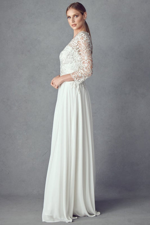Juliet M11-W 3/4 Sleeve Embroidered Off-White Chiffon A-Line Gown