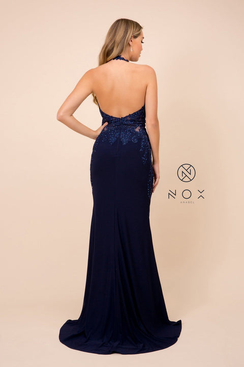 Bodice Embroidered Long High Halter Trumpet Dress by Nox Anabel A175