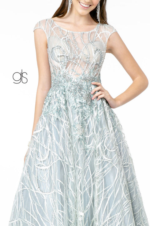 Elizabeth K GL2890's Gown with Embroidered Cap Sleeves and Sheer Bodice