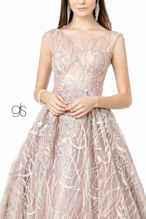 Elizabeth K GL2890's Gown with Embroidered Cap Sleeves and Sheer Bodice