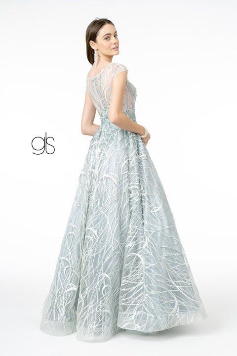 Elizabeth K GL2890's Gown with Embroidered Cap Sleeves and Sheer Bodice