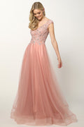 Cap Sleeve Embroidered Tulle Gown by Juliet 684