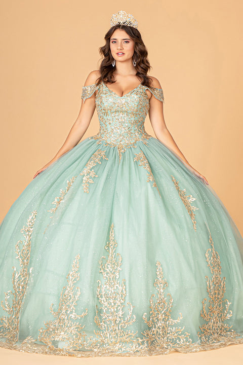 Cold  Embroidered Shoulder Ball Gown by Elizabeth K GL3100