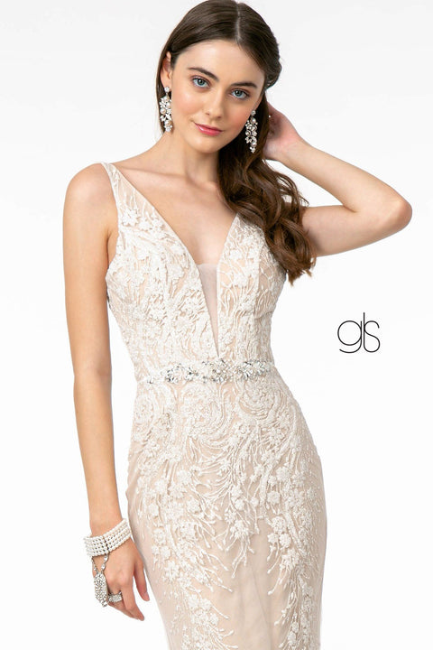 Elizabeth K GL2985's Trumpet Dress with Embroidered Deep V-Neckline