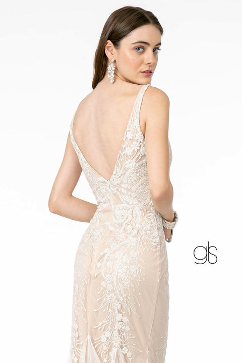 Elizabeth K GL2985's Trumpet Dress with Embroidered Deep V-Neckline