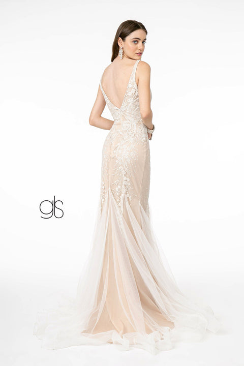 Elizabeth K GL2985's Trumpet Dress with Embroidered Deep V-Neckline