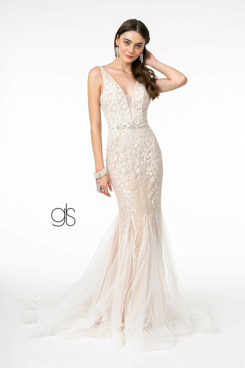 Elizabeth K GL2985's Trumpet Dress with Embroidered Deep V-Neckline