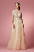 Sleeveless Embroidered Illusion Gown by Nox Anabel E1002