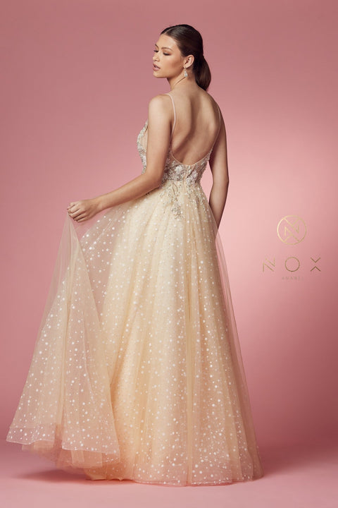 Sleeveless Embroidered Illusion Gown by Nox Anabel E1002