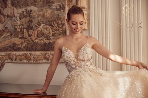 Sleeveless Embroidered Illusion Gown by Nox Anabel E1002