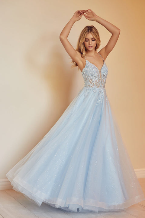 Lace-Up Back Embroidered Tulle Gown by Juliet 270