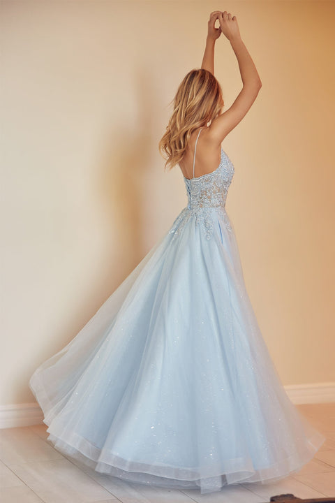 Lace-Up Back Embroidered Tulle Gown by Juliet 270