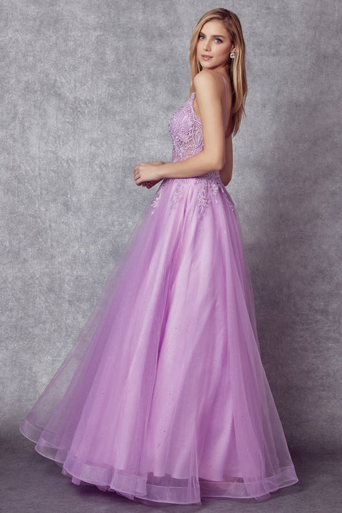 Lace-Up Back Embroidered Tulle Gown by Juliet 270