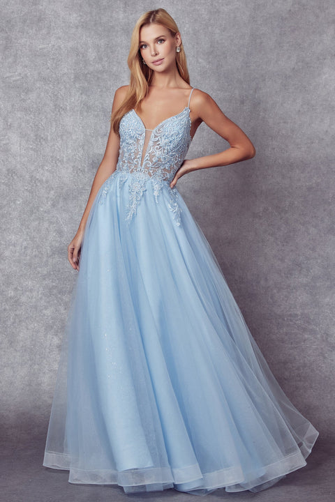 Lace-Up Back Embroidered Tulle Gown by Juliet 270