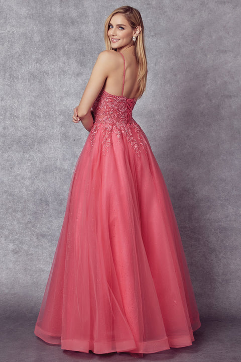 Lace-Up Back Embroidered Tulle Gown by Juliet 270
