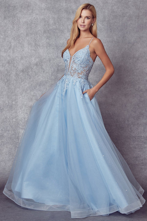 Lace-Up Back Embroidered Tulle Gown by Juliet 270