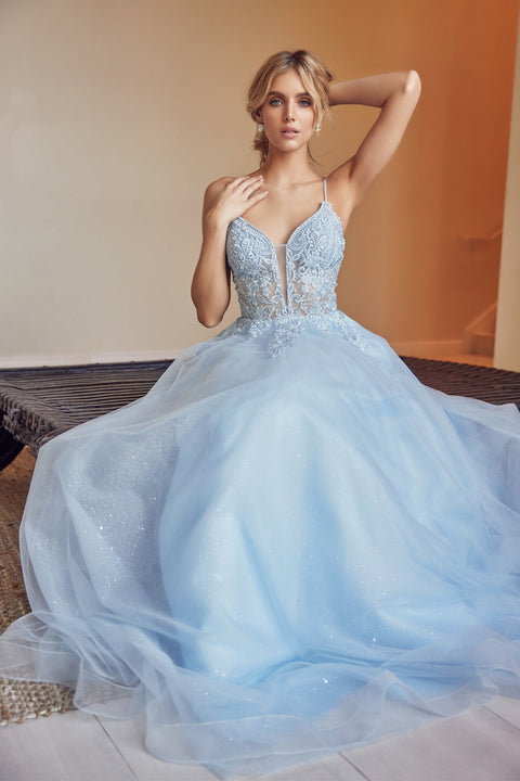 Lace-Up Back Embroidered Tulle Gown by Juliet 270