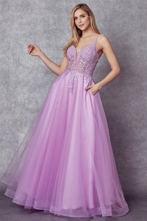 Lace-Up Back Embroidered Tulle Gown by Juliet 270