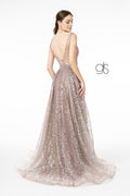 Elizabeth K GL2971's Long A-line Dress with Embroidered Illusion Detailing