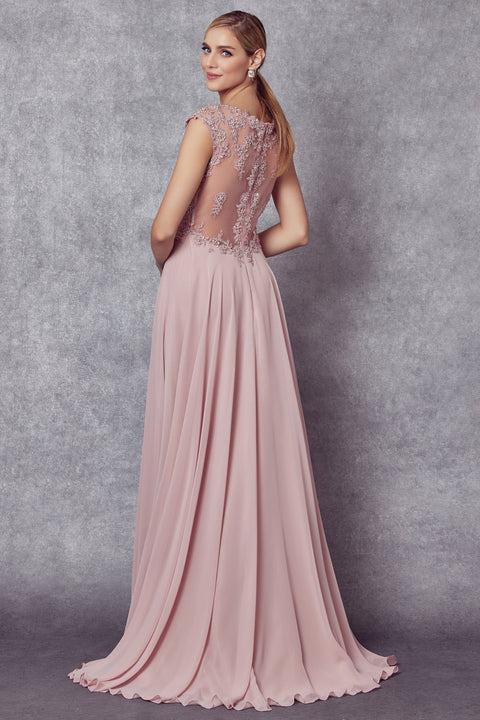 Juliet 585's Dress with Intricate Embroidery, Long Cap Sleeves, and Sheer Back