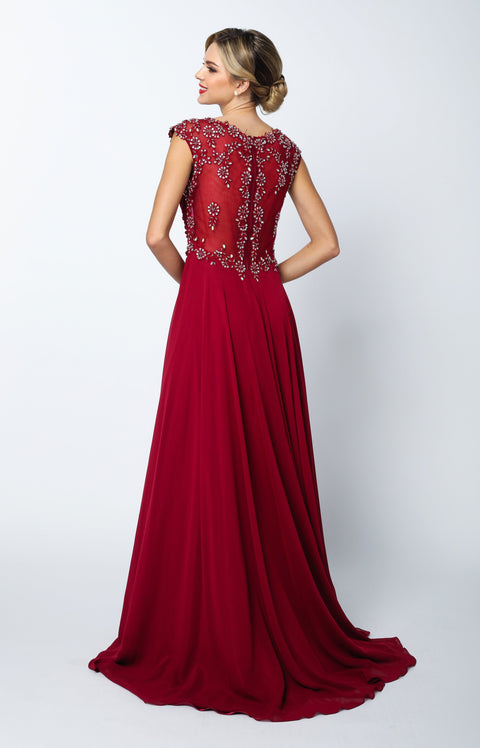 Juliet 585's Dress with Intricate Embroidery, Long Cap Sleeves, and Sheer Back