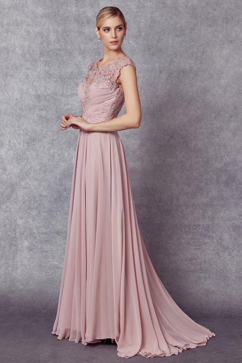 Juliet 585's Dress with Intricate Embroidery, Long Cap Sleeves, and Sheer Back