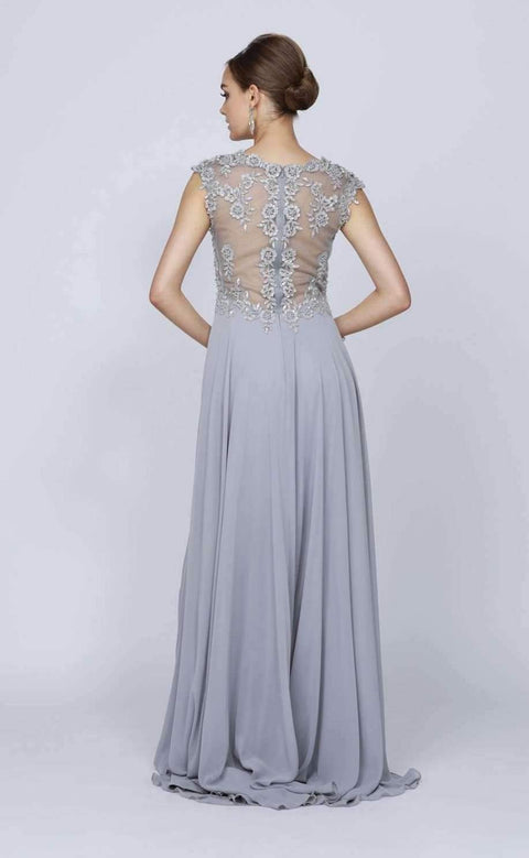 Juliet 585's Dress with Intricate Embroidery, Long Cap Sleeves, and Sheer Back