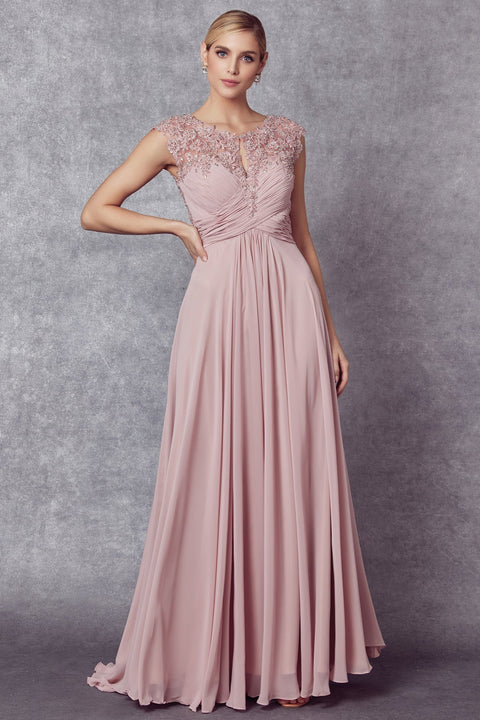 Juliet 585's Dress with Intricate Embroidery, Long Cap Sleeves, and Sheer Back