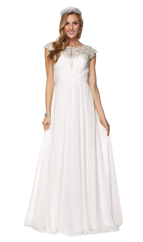 Juliet 585's Dress with Intricate Embroidery, Long Cap Sleeves, and Sheer Back