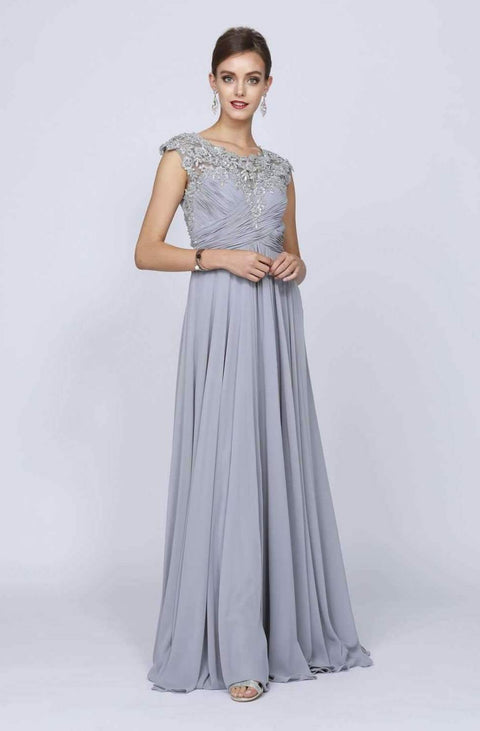 Juliet 585's Dress with Intricate Embroidery, Long Cap Sleeves, and Sheer Back