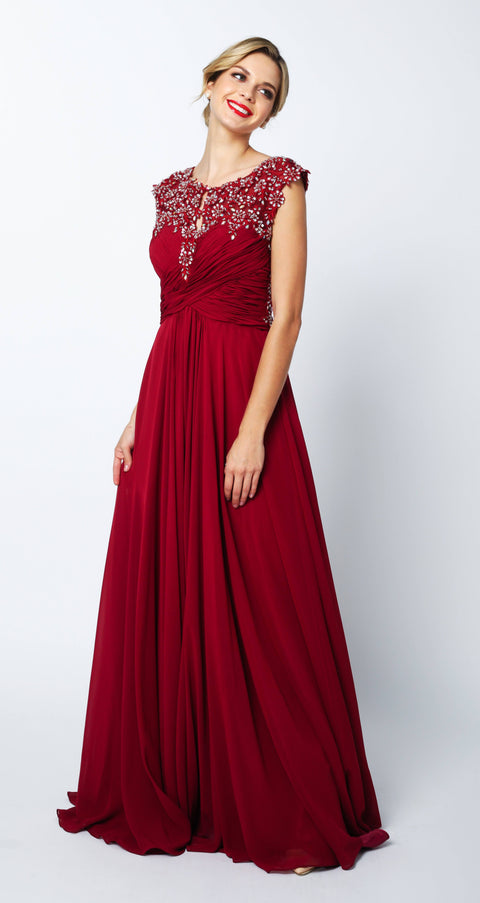 Juliet 585's Dress with Intricate Embroidery, Long Cap Sleeves, and Sheer Back