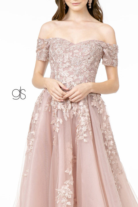 Elizabeth K GL2885's Off-Shoulder Dress with Intricate Embroidery