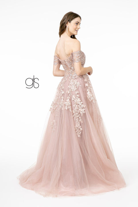 Elizabeth K GL2885's Off-Shoulder Dress with Intricate Embroidery