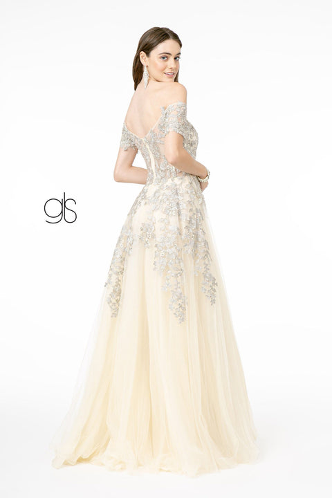 Elizabeth K GL2885's Off-Shoulder Dress with Intricate Embroidery