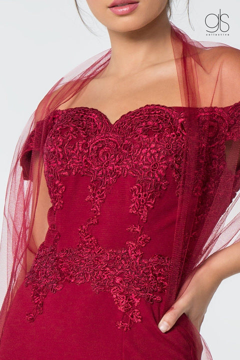 Elizabeth K GL2708's Off-Shoulder Dress with Elaborate Embroidery and Slit