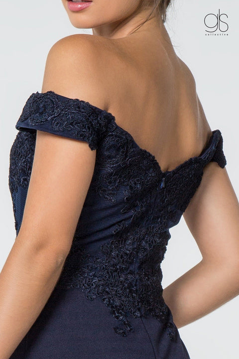 Elizabeth K GL2708's Off-Shoulder Dress with Elaborate Embroidery and Slit