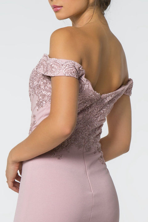 Elizabeth K GL2708's Off-Shoulder Dress with Elaborate Embroidery and Slit