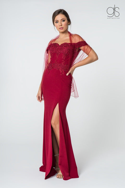 Elizabeth K GL2708's Off-Shoulder Dress with Elaborate Embroidery and Slit
