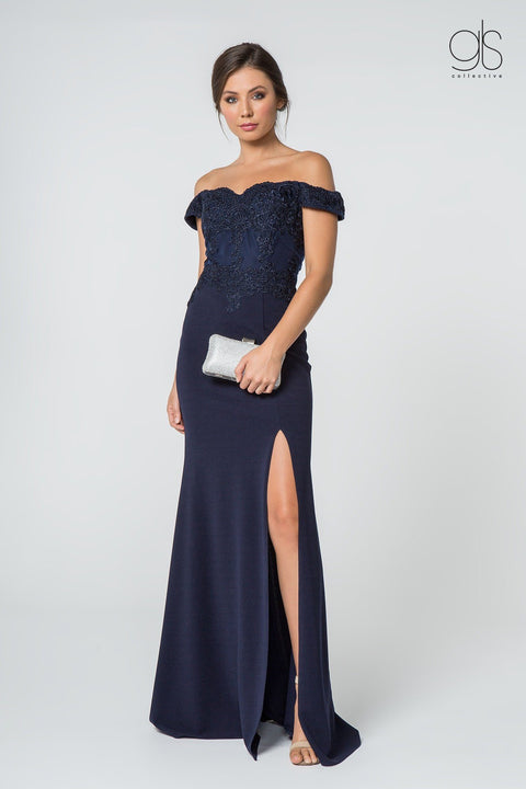 Elizabeth K GL2708's Off-Shoulder Dress with Elaborate Embroidery and Slit