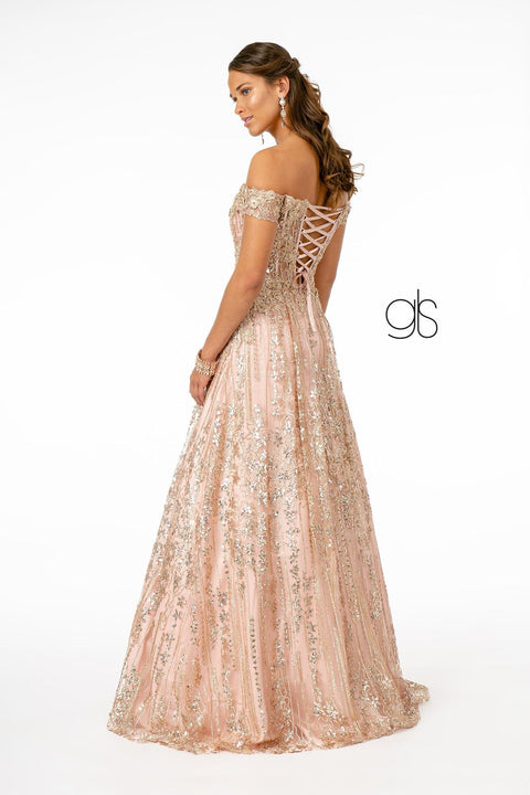 Elizabeth K GL2941's Glittering Off-Shoulder Dress with Elaborate Embroidery