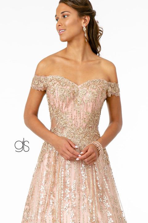 Elizabeth K GL2941's Glittering Off-Shoulder Dress with Elaborate Embroidery