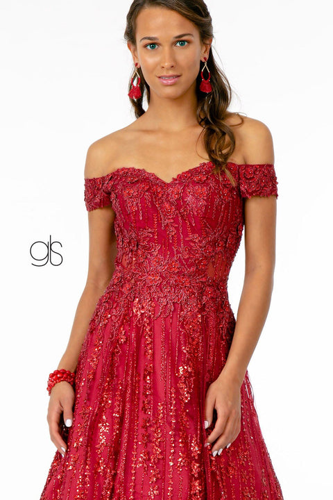 Elizabeth K GL2941's Glittering Off-Shoulder Dress with Elaborate Embroidery