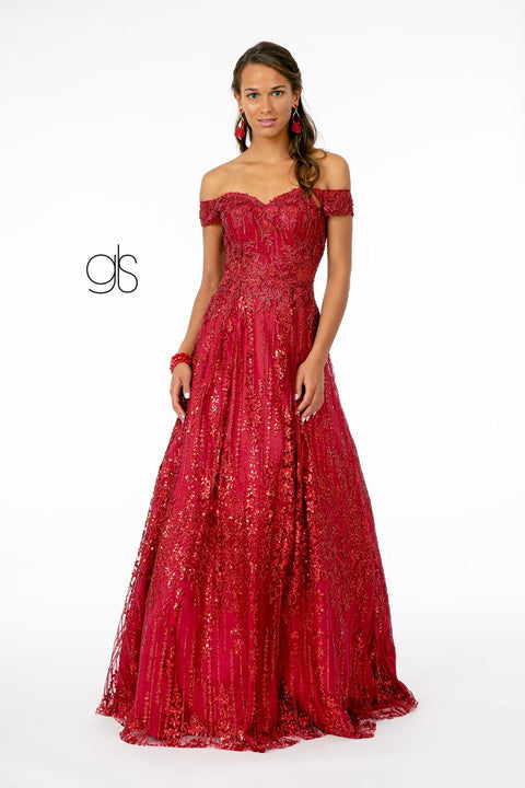Elizabeth K GL2941's Glittering Off-Shoulder Dress with Elaborate Embroidery