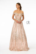 Elizabeth K GL2941's Glittering Off-Shoulder Dress with Elaborate Embroidery