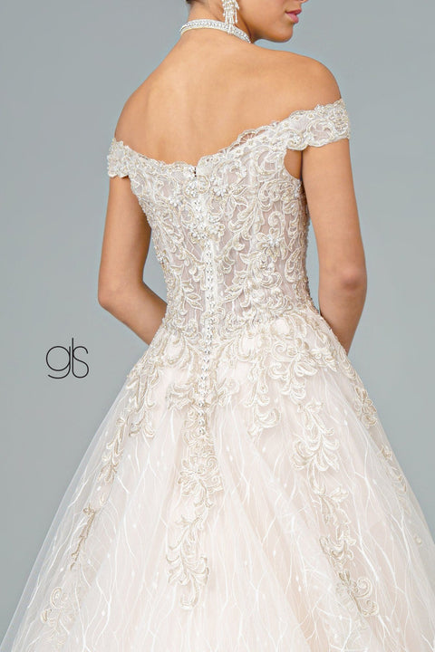 Embroidered Long Off Shoulder Wedding Dress by Elizabeth K GL1832