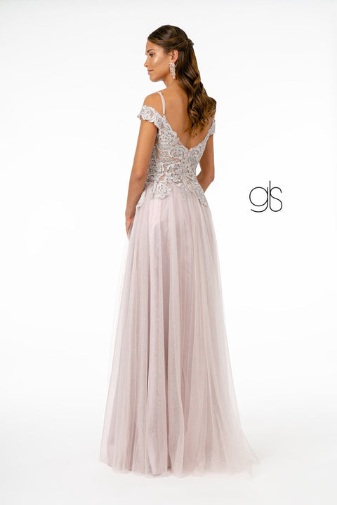 Elizabeth K GL2953's Long Dress with Sheer Cold Shoulders and Intricate Embroidery